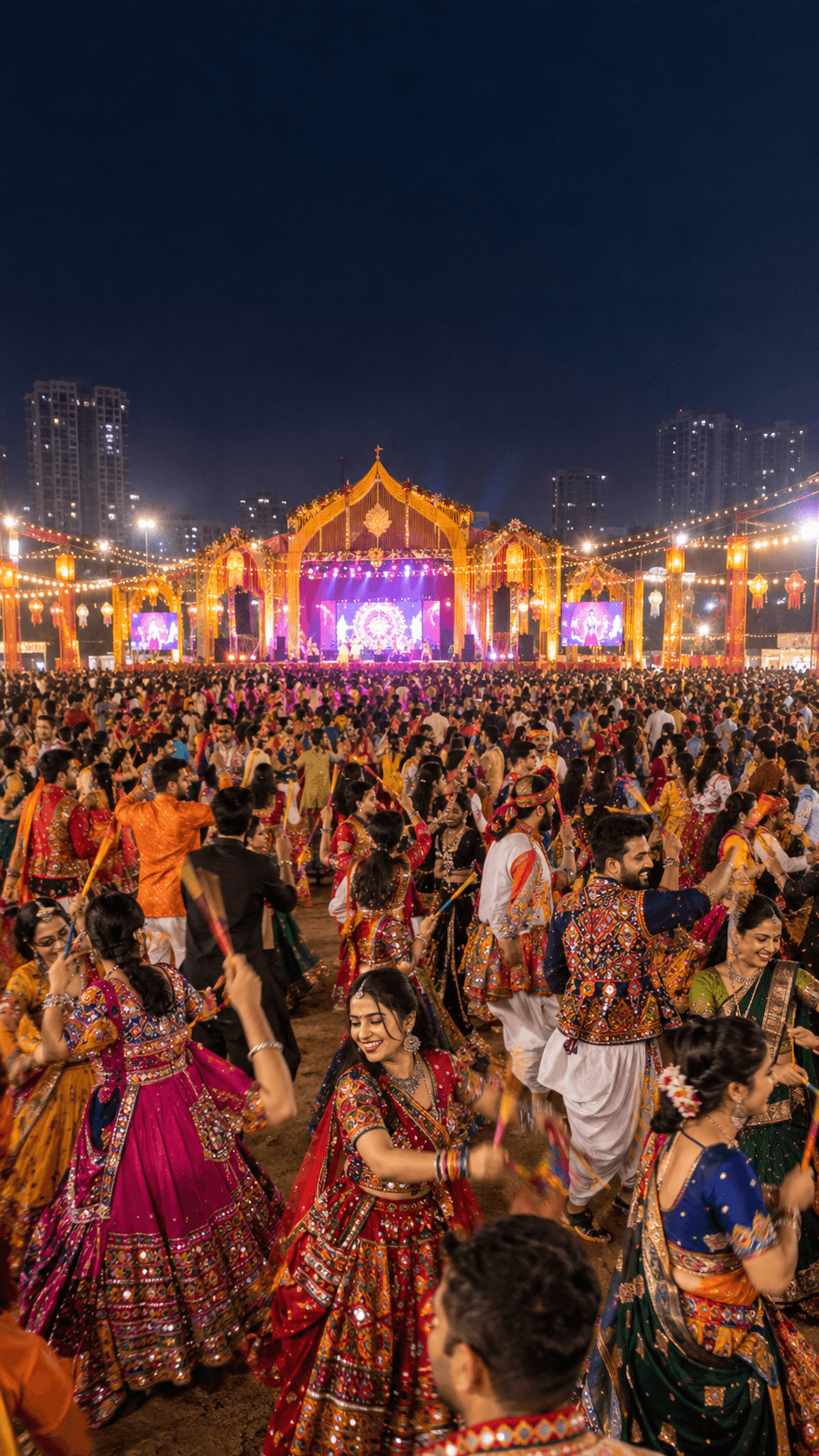 Crowds in colourful traditional dress playing Garba beneath festival lights